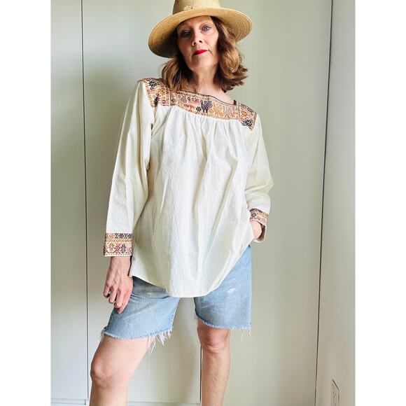 Vintage 70s Peasant Blouse Boho Hand Embroidered Cotton Folk Festival Shirt SZ M - Picture 6 of 13